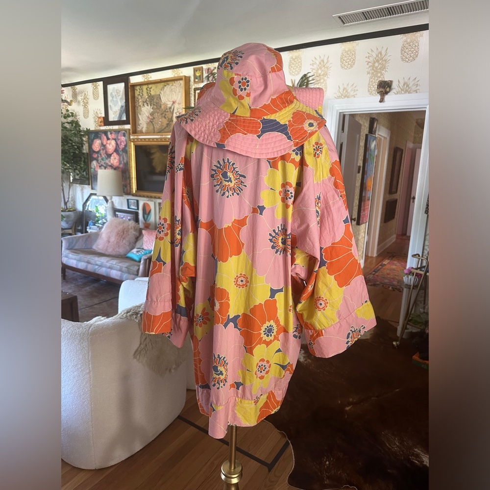 Zara Retro Pink Orange Yellow Floral Printed Oversized Tunic Size Small with hat - Picture 10 of 10